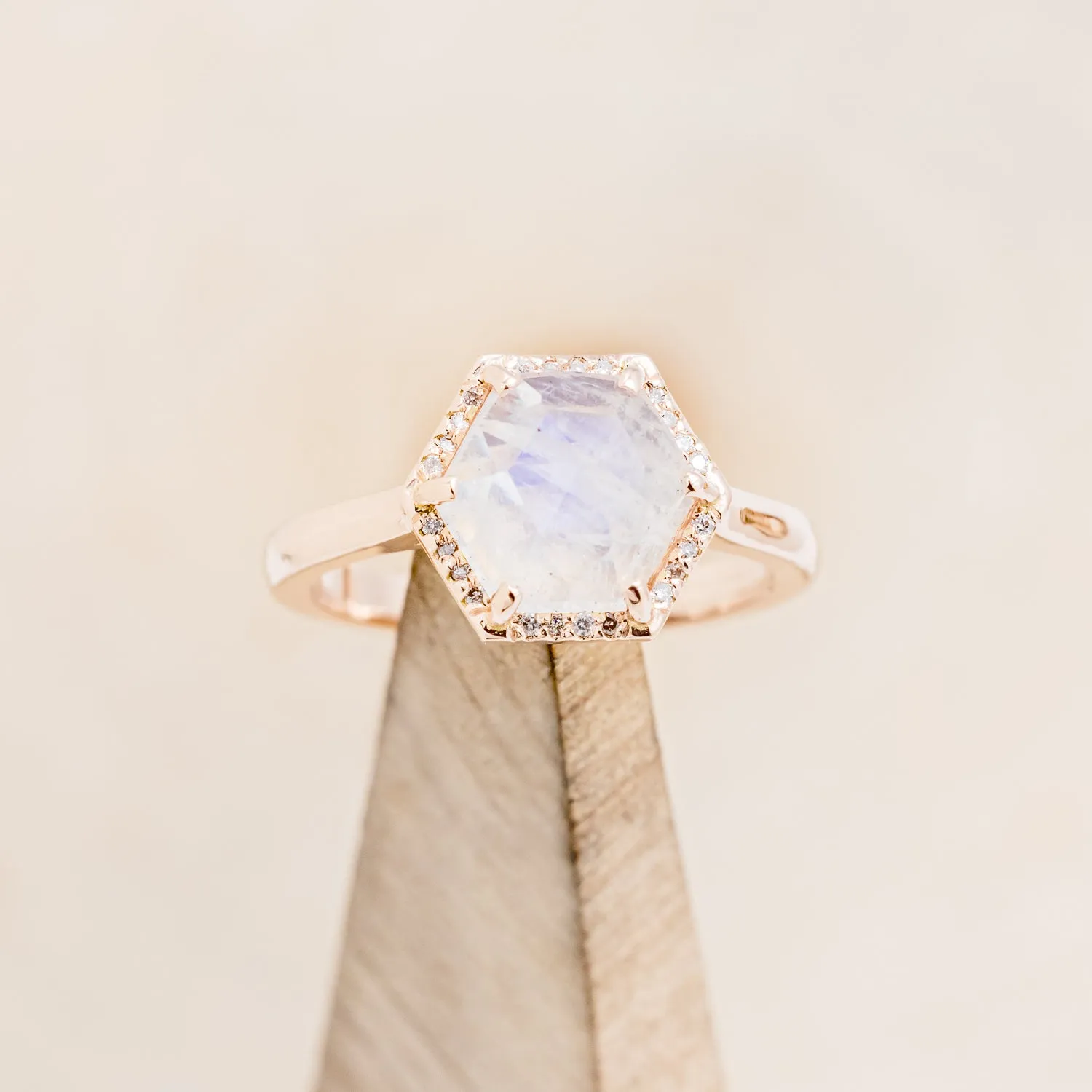 HEXAGON MOONSTONE ENGAGEMENT RING WITH DIAMOND HALO