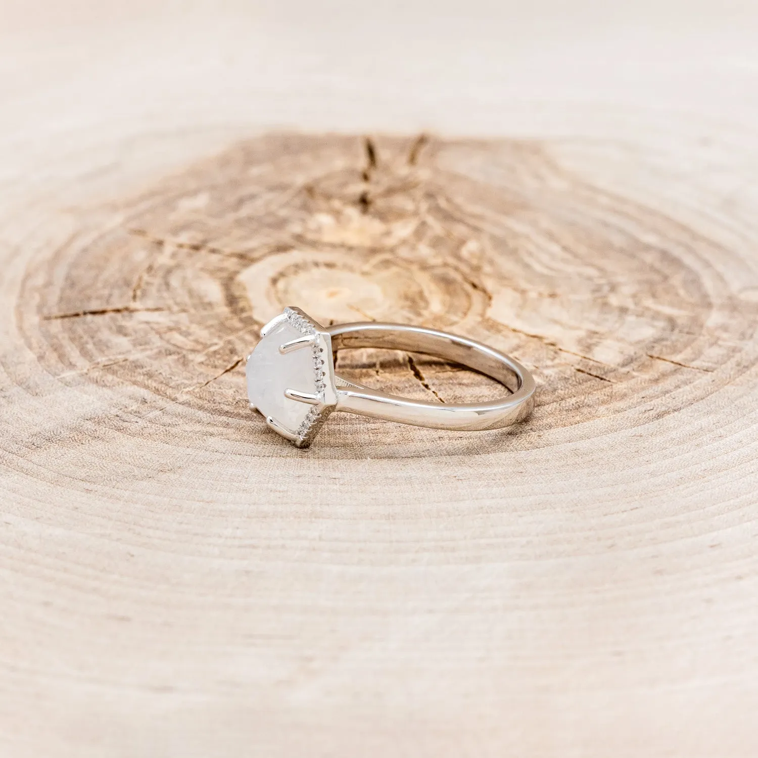 HEXAGON MOONSTONE ENGAGEMENT RING WITH DIAMOND HALO