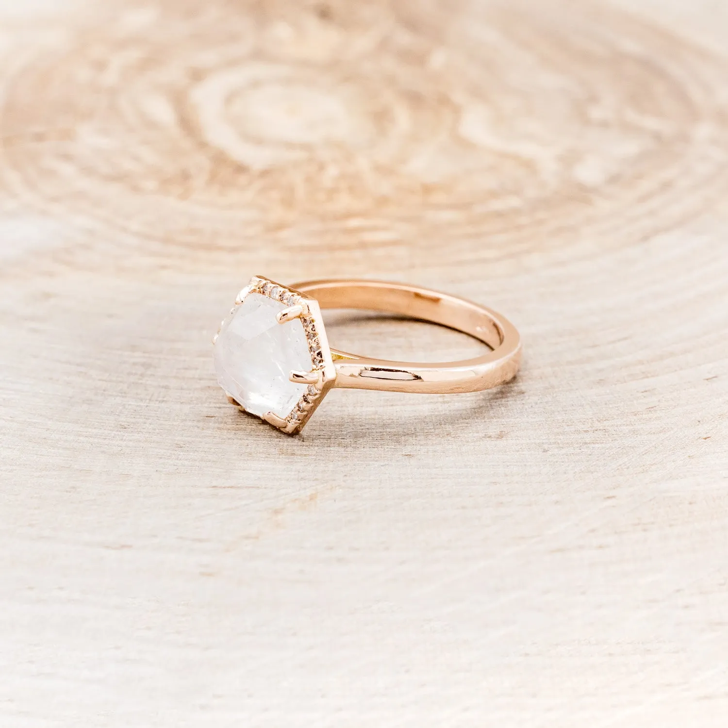 HEXAGON MOONSTONE ENGAGEMENT RING WITH DIAMOND HALO
