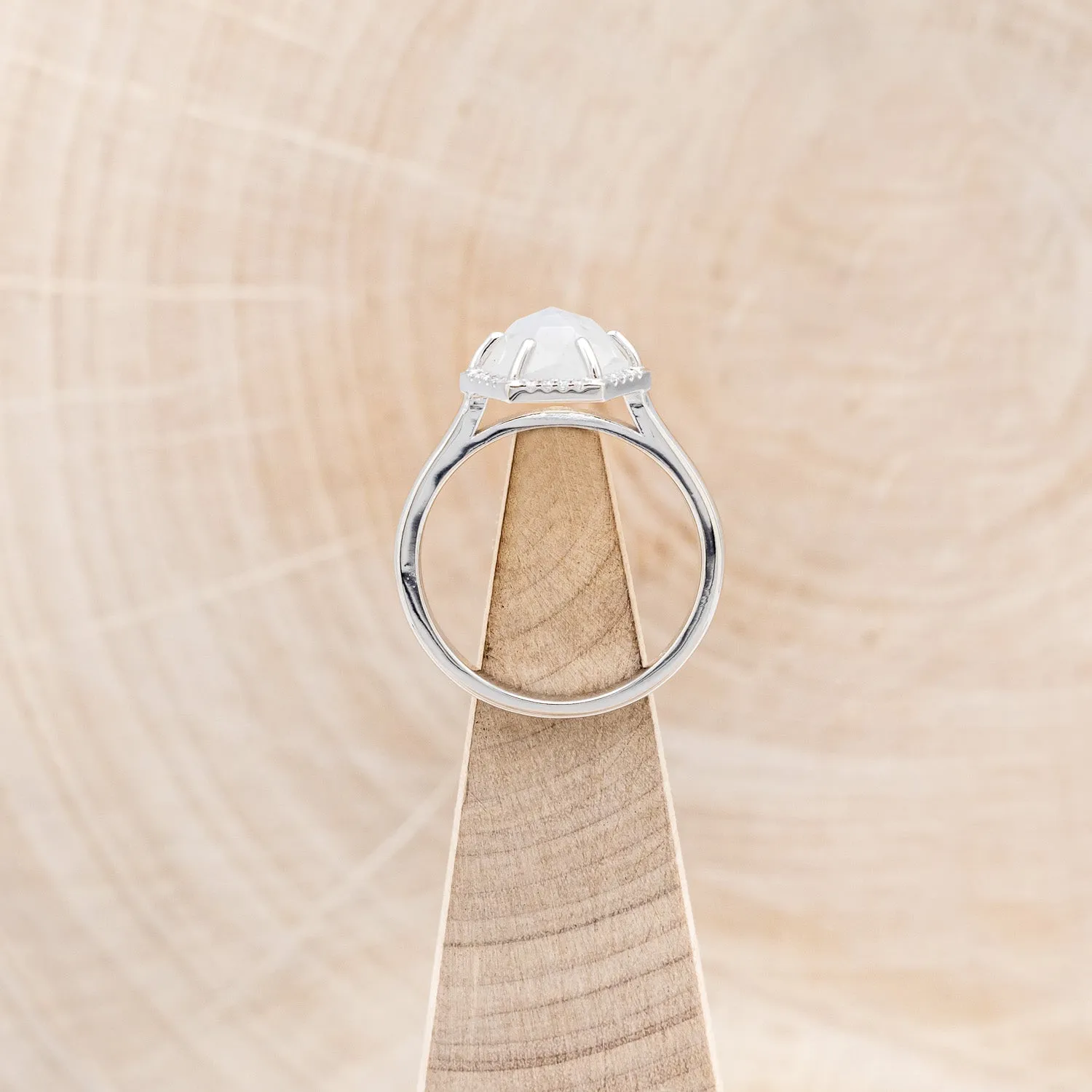 HEXAGON MOONSTONE ENGAGEMENT RING WITH DIAMOND HALO