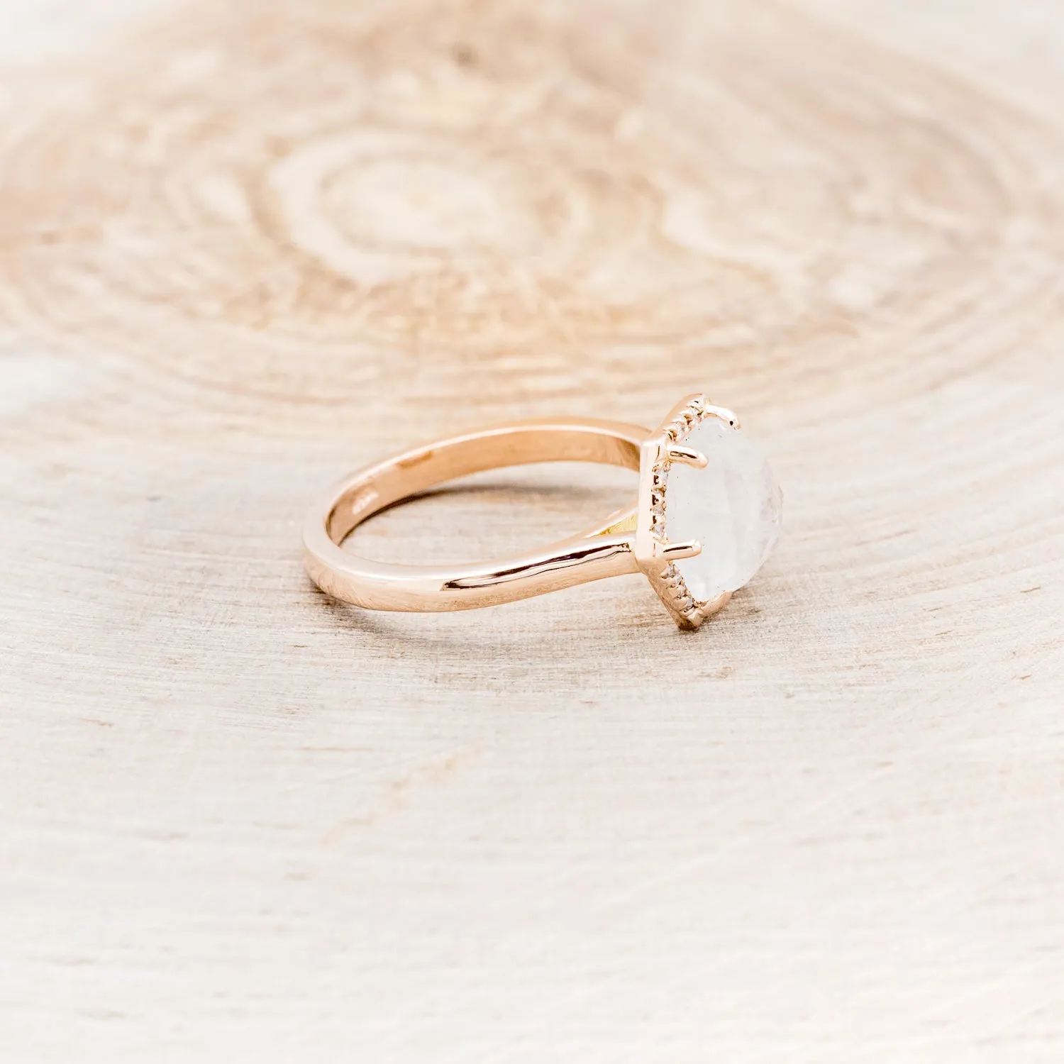 HEXAGON MOONSTONE ENGAGEMENT RING WITH DIAMOND HALO