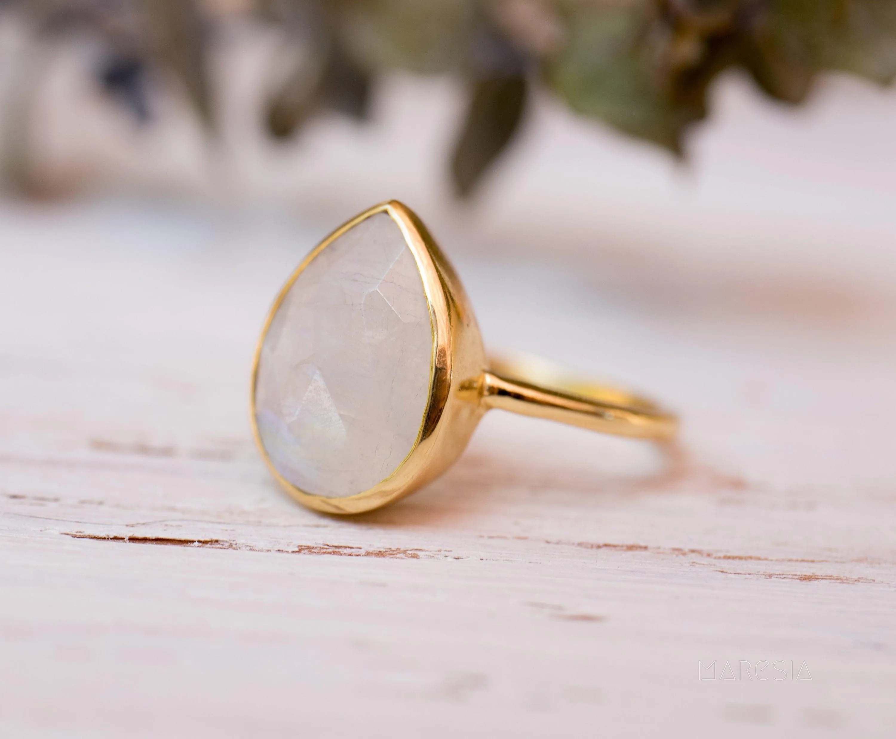 Lia Rainbow Moonstone Tear Drop Ring  ~ 18k Gold Plated ~  MR147