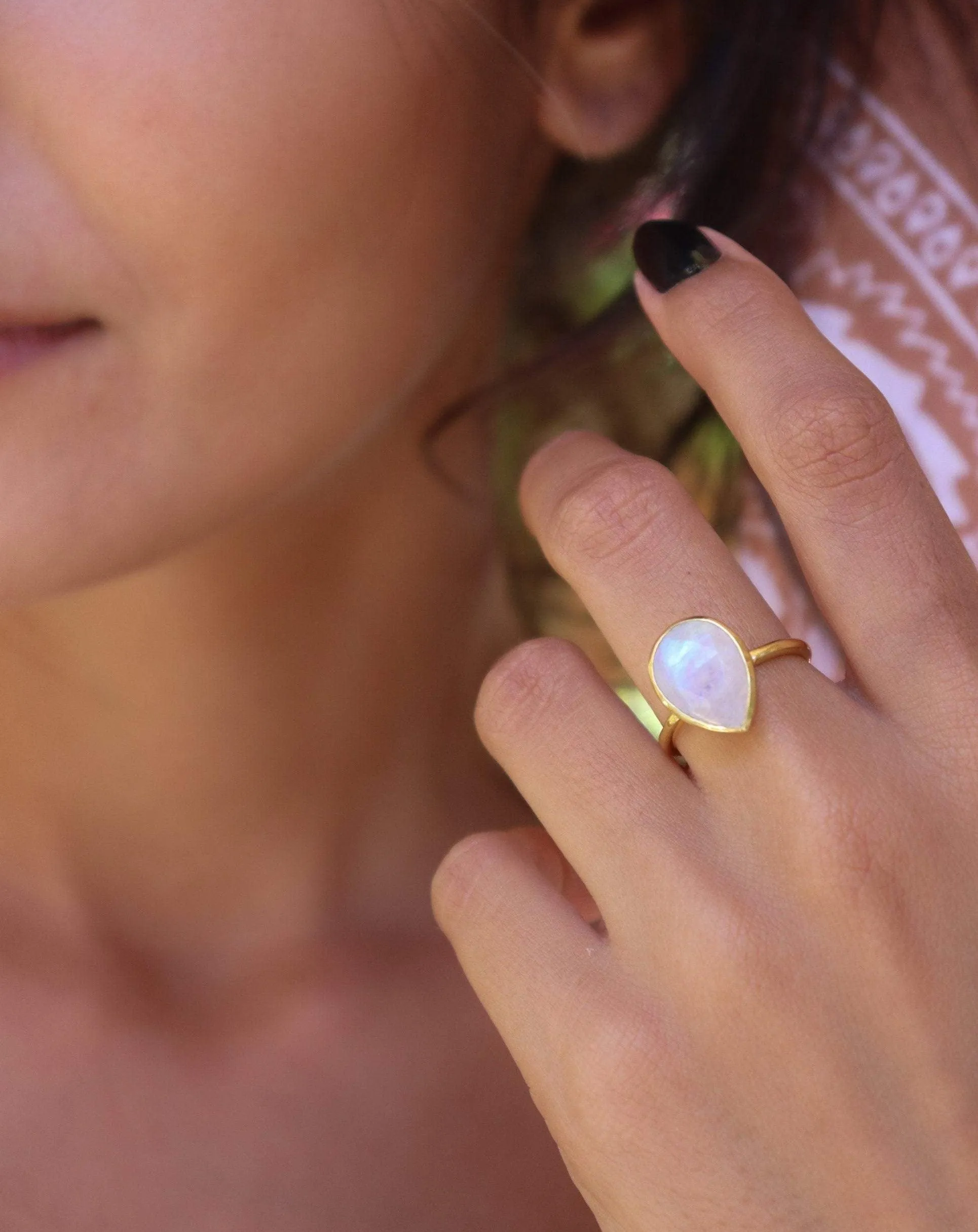 Lia Rainbow Moonstone Tear Drop Ring  ~ 18k Gold Plated ~  MR147