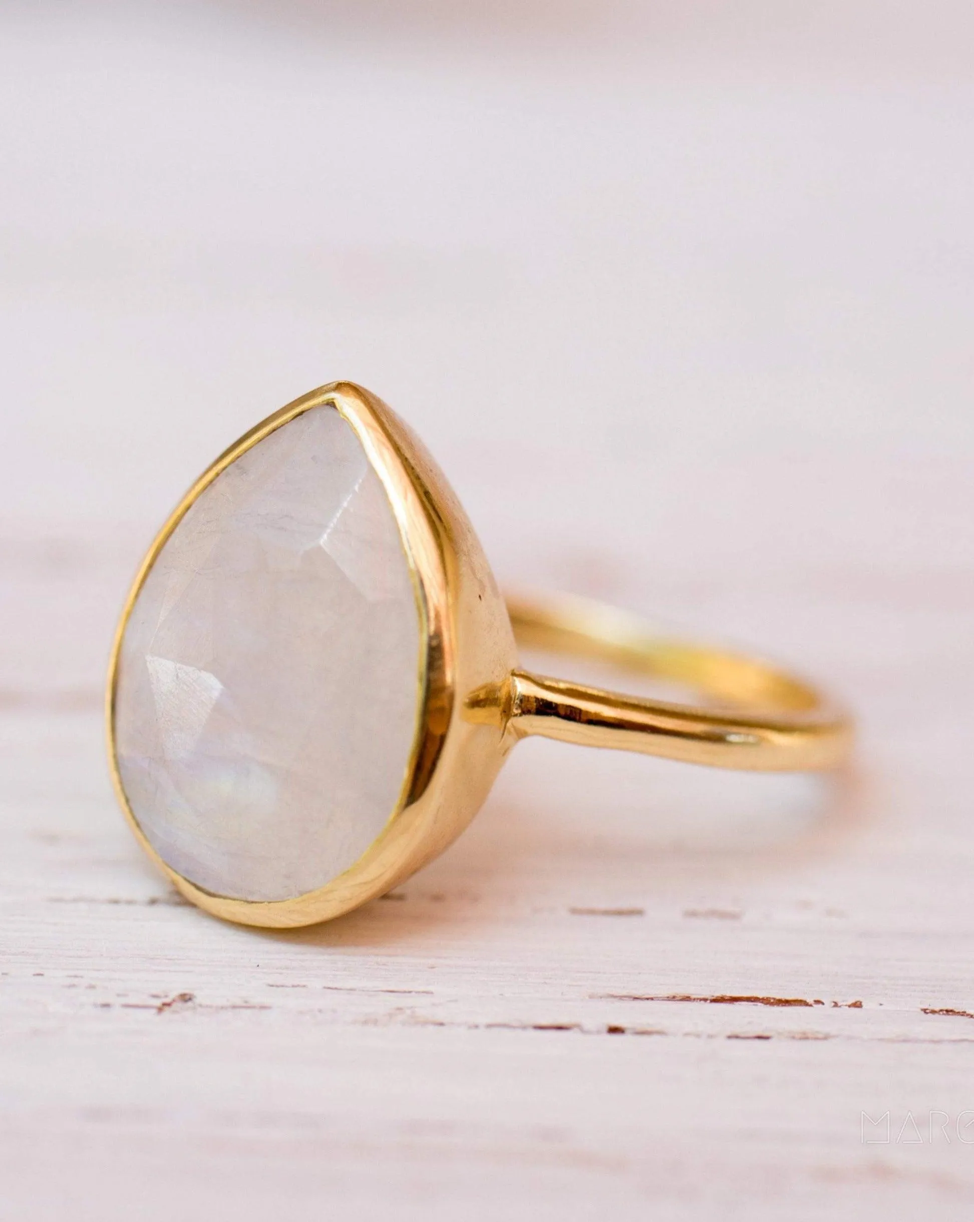 Lia Rainbow Moonstone Tear Drop Ring  ~ 18k Gold Plated ~  MR147