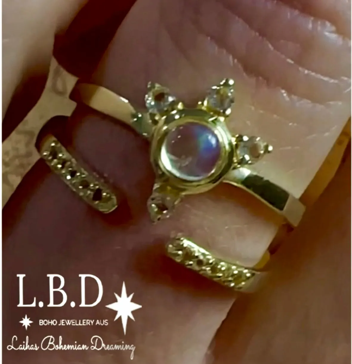 Luxury Solar Burst Moonstone & Topaz Gold Ring Set