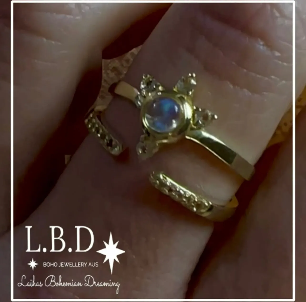 Luxury Solar Burst Moonstone & Topaz Gold Ring Set