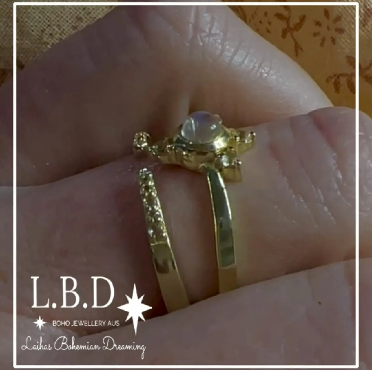 Luxury Solar Burst Moonstone & Topaz Gold Ring Set