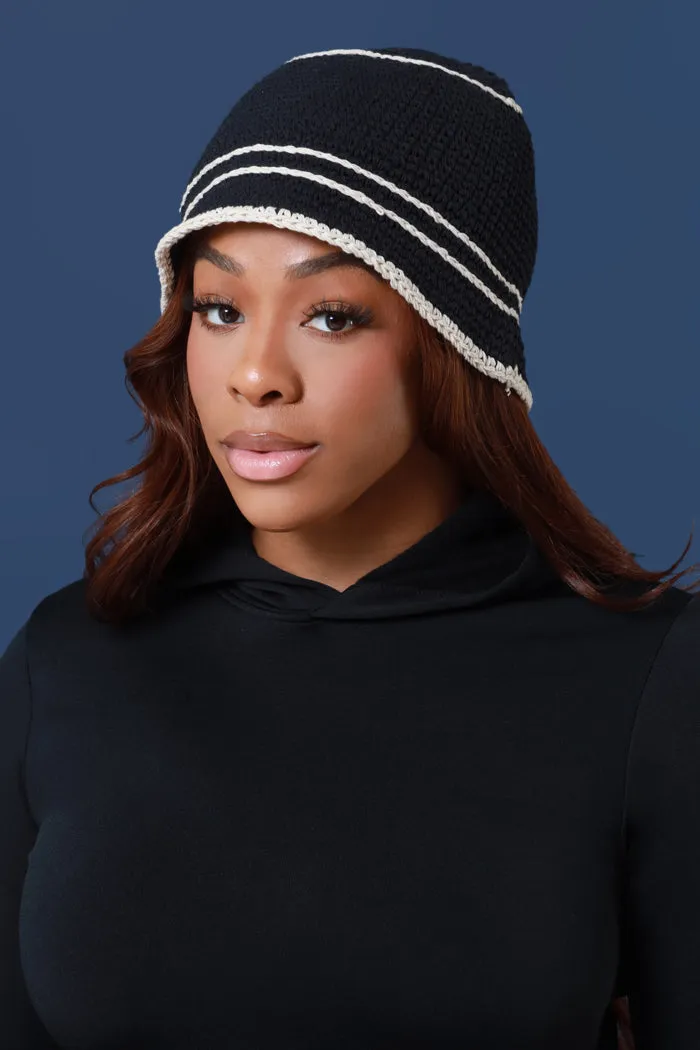 Make My Life Striped Crochet Bucket Hat - Black