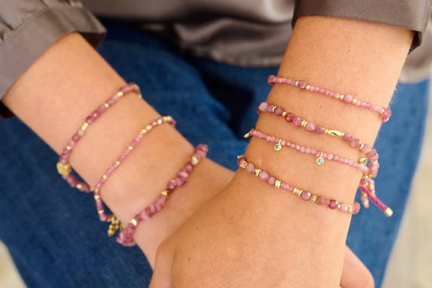 Meadow Gold & Pink Tourmaline Beaded Slider Bracelet