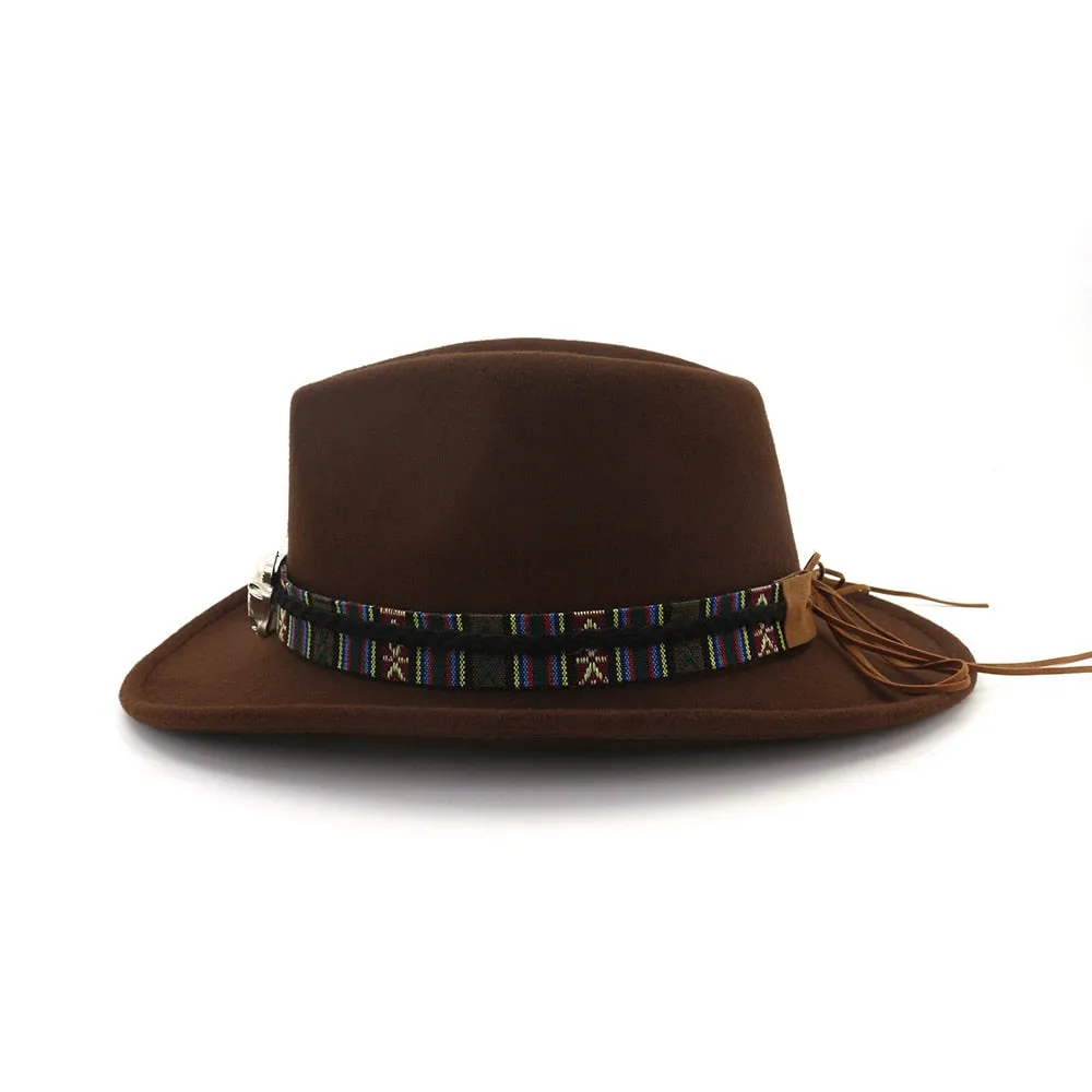 Men Women Western Cowboy Hat With Cow Head Band Wide Brim Hat