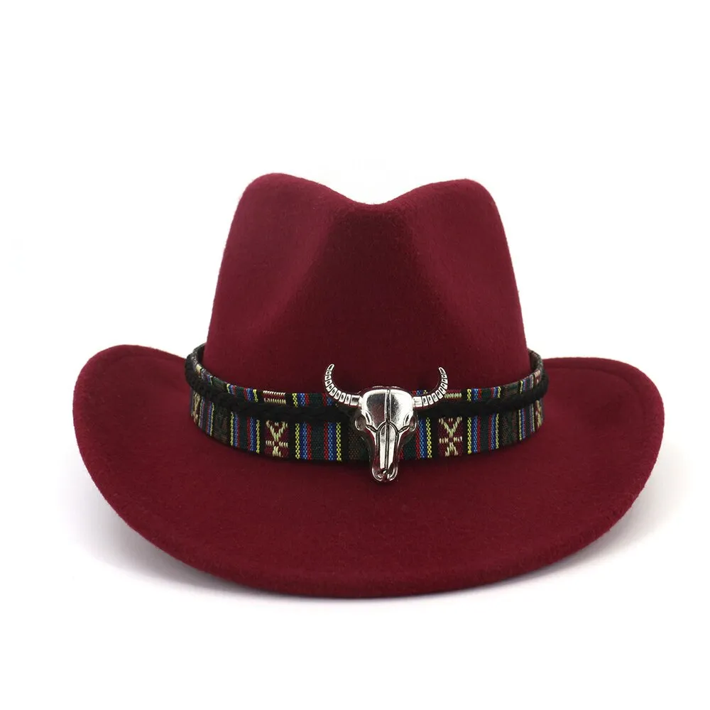 Men Women Western Cowboy Hat With Cow Head Band Wide Brim Hat