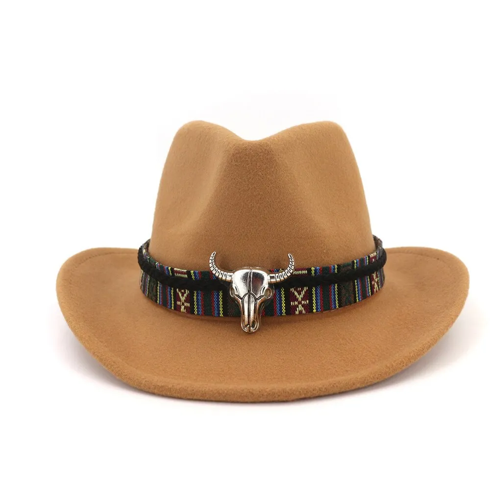 Men Women Western Cowboy Hat With Cow Head Band Wide Brim Hat