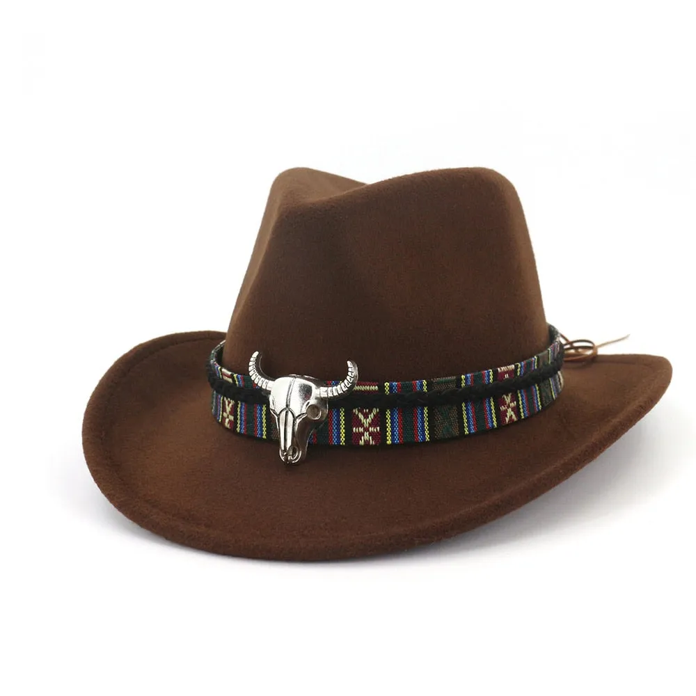 Men Women Western Cowboy Hat With Cow Head Band Wide Brim Hat