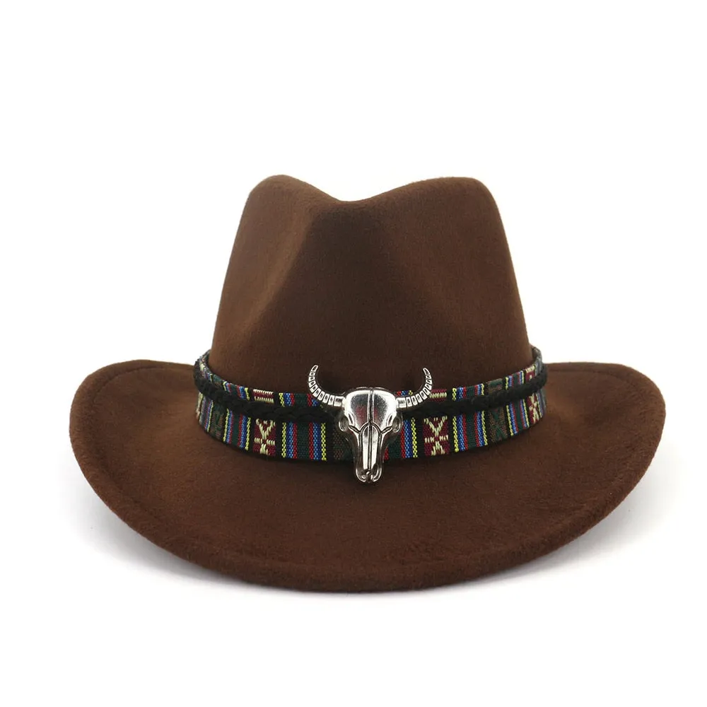 Men Women Western Cowboy Hat With Cow Head Band Wide Brim Hat