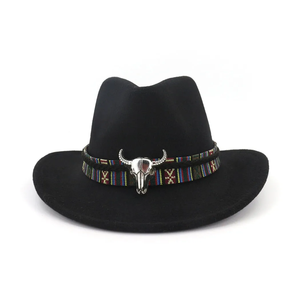 Men Women Western Cowboy Hat With Cow Head Band Wide Brim Hat