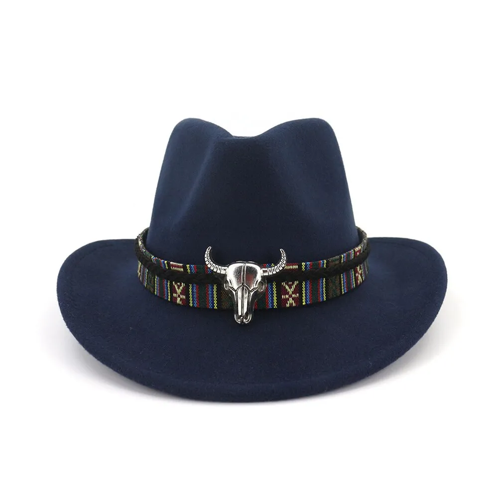 Men Women Western Cowboy Hat With Cow Head Band Wide Brim Hat