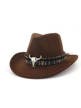 Men Women Western Cowboy Hat With Cow Head Band Wide Brim Hat
