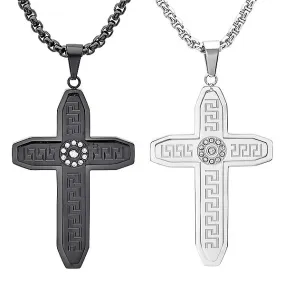 Men's Black IP Cross Pendant W/Greek Key Design & Simulated Diamond