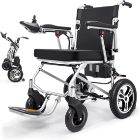 Meubon Lightweight Foldable Electric Wheelchair for Adults - 20 Mile Range, Dual Motors, Portable, Airline Approved, Silver Model MH551100