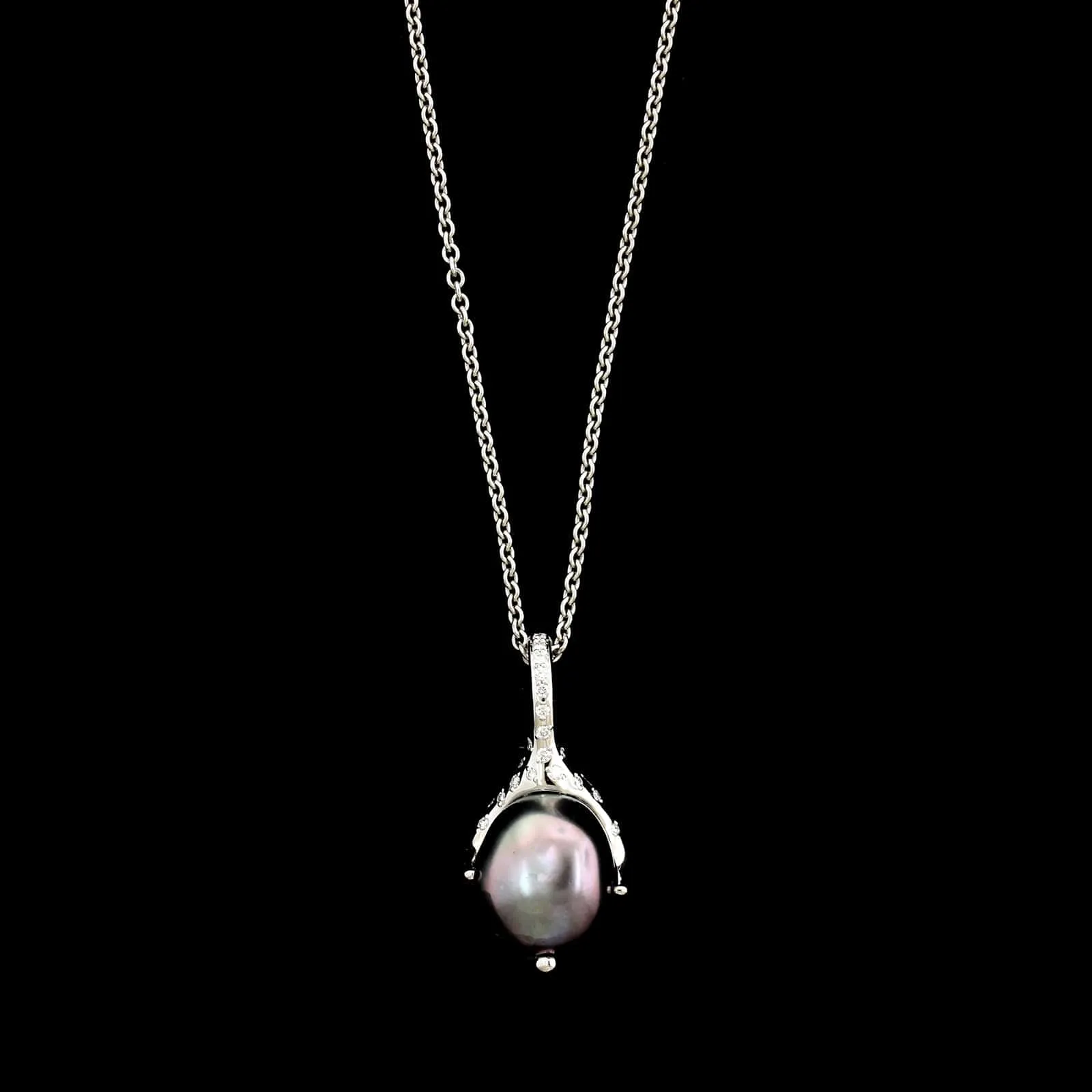 Mikimoto 18K White Gold Estate Cultured Black Baroque Pearl and Diamond Pendant Necklace