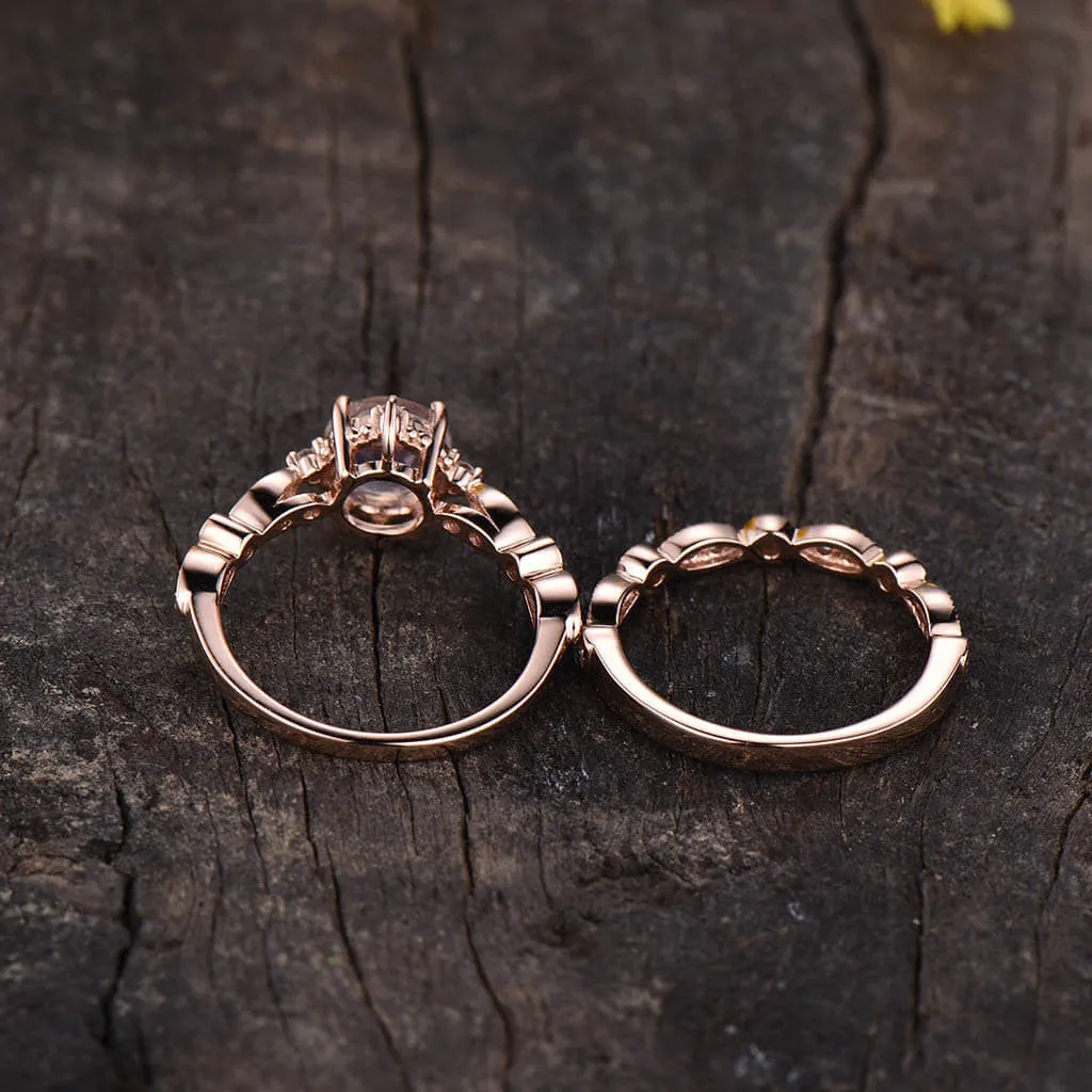 Moonstone Diamond Rose Gold Engagement Ring Set Vintage Art Deco Women Promise Ring 2pcs