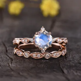 Moonstone Diamond Rose Gold Engagement Ring Set Vintage Art Deco Women Promise Ring 2pcs