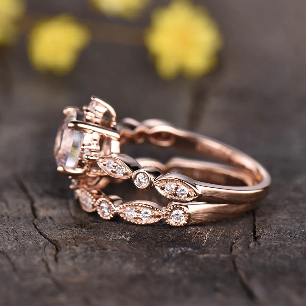 Moonstone Diamond Rose Gold Engagement Ring Set Vintage Art Deco Women Promise Ring 2pcs