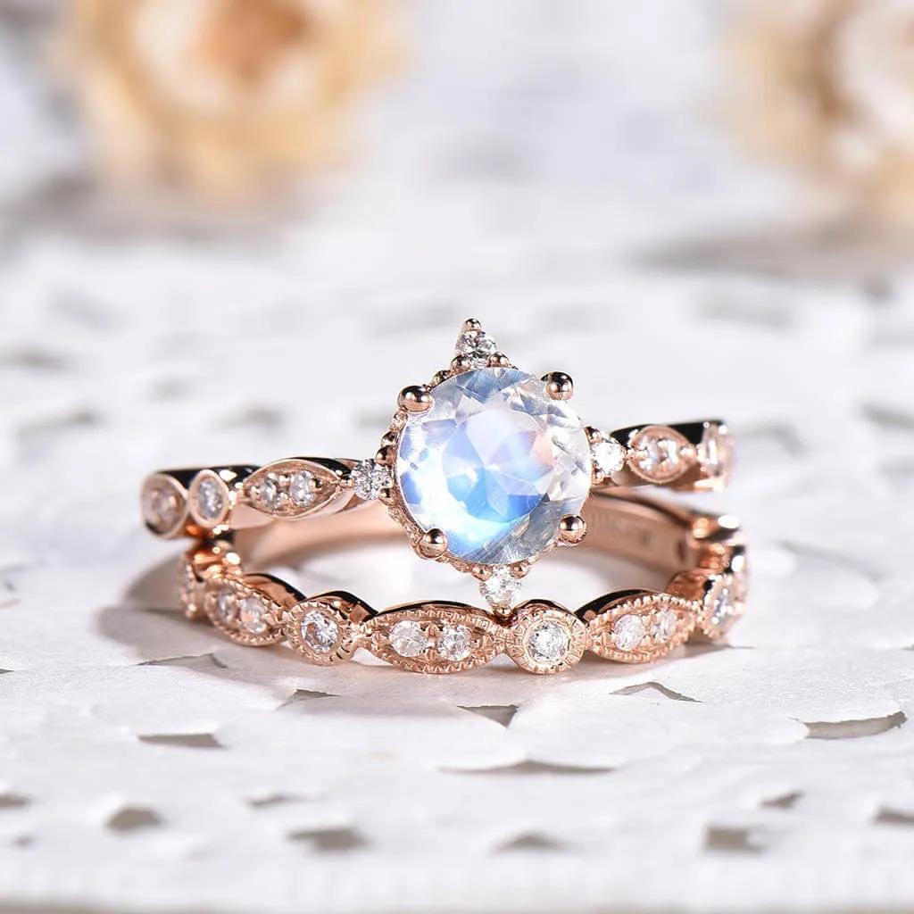 Moonstone Diamond Rose Gold Engagement Ring Set Vintage Art Deco Women Promise Ring 2pcs