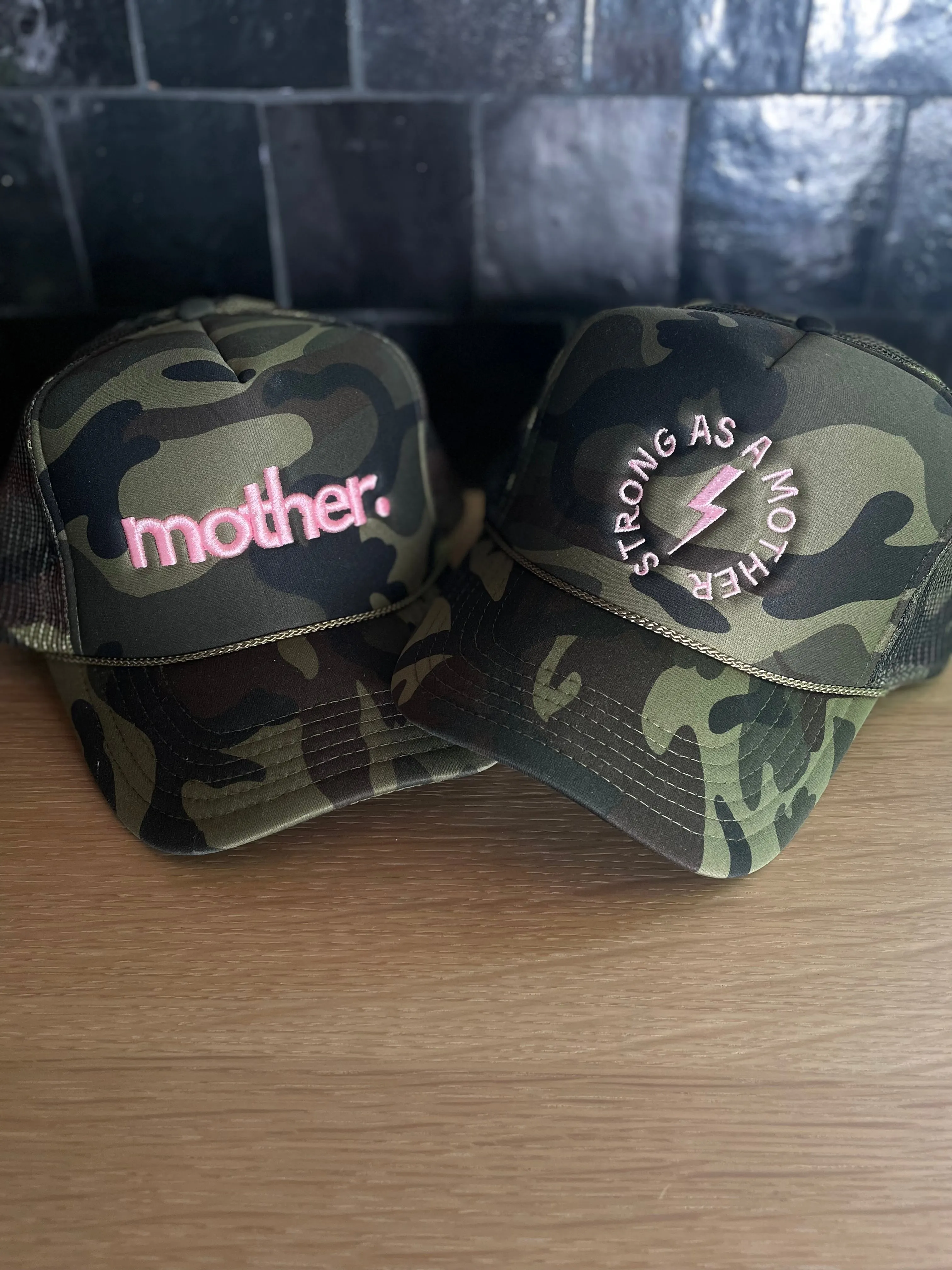 Mother Embroidered Trucker Hat -  Camo   Baby Pink