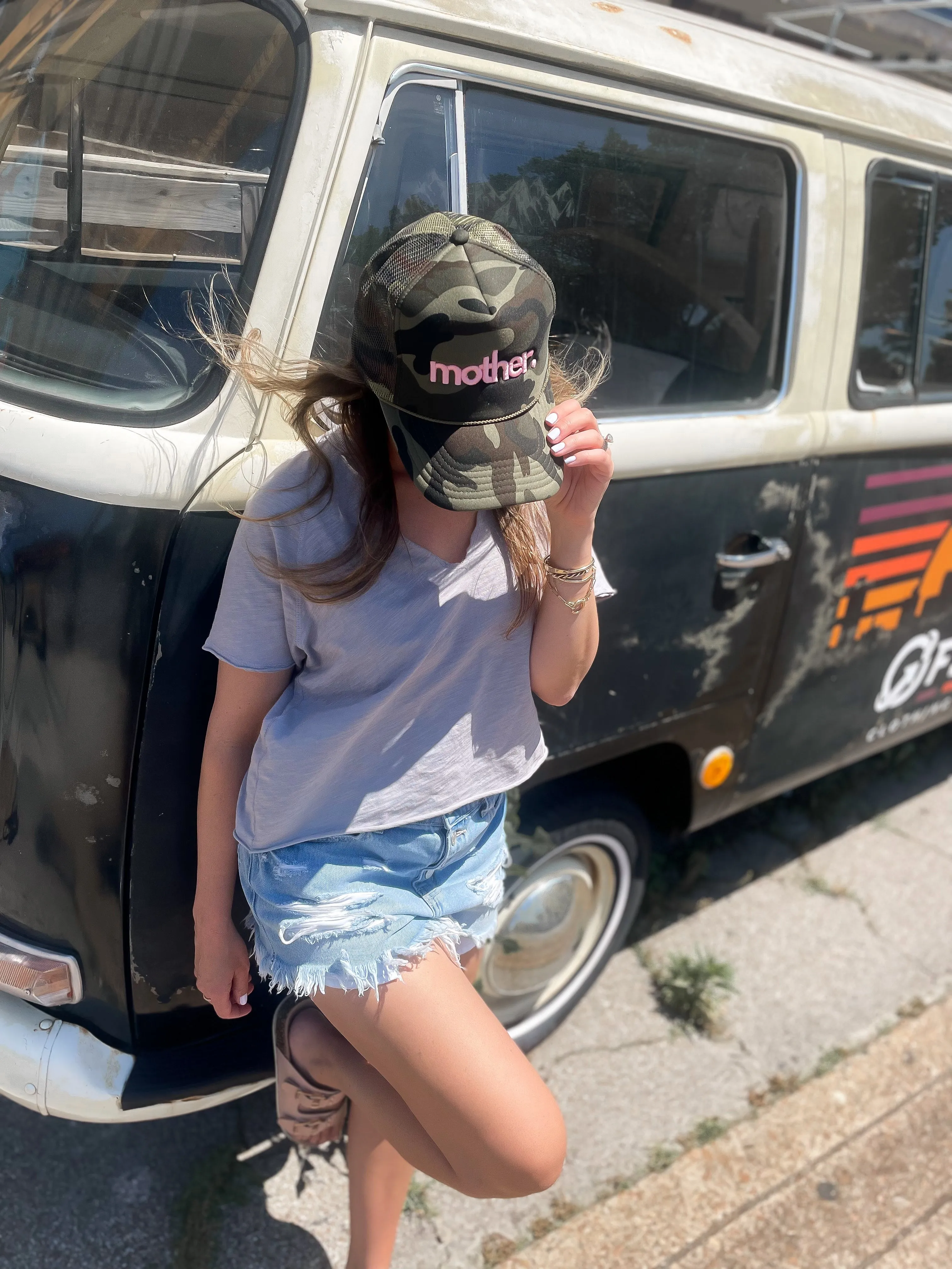 Mother Embroidered Trucker Hat -  Camo   Baby Pink