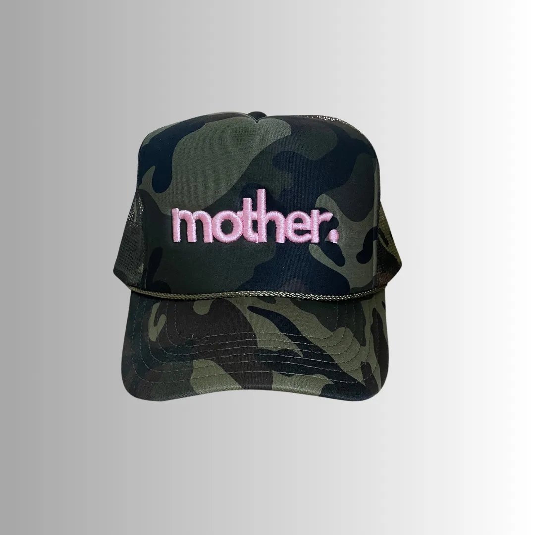 Mother Embroidered Trucker Hat -  Camo   Baby Pink