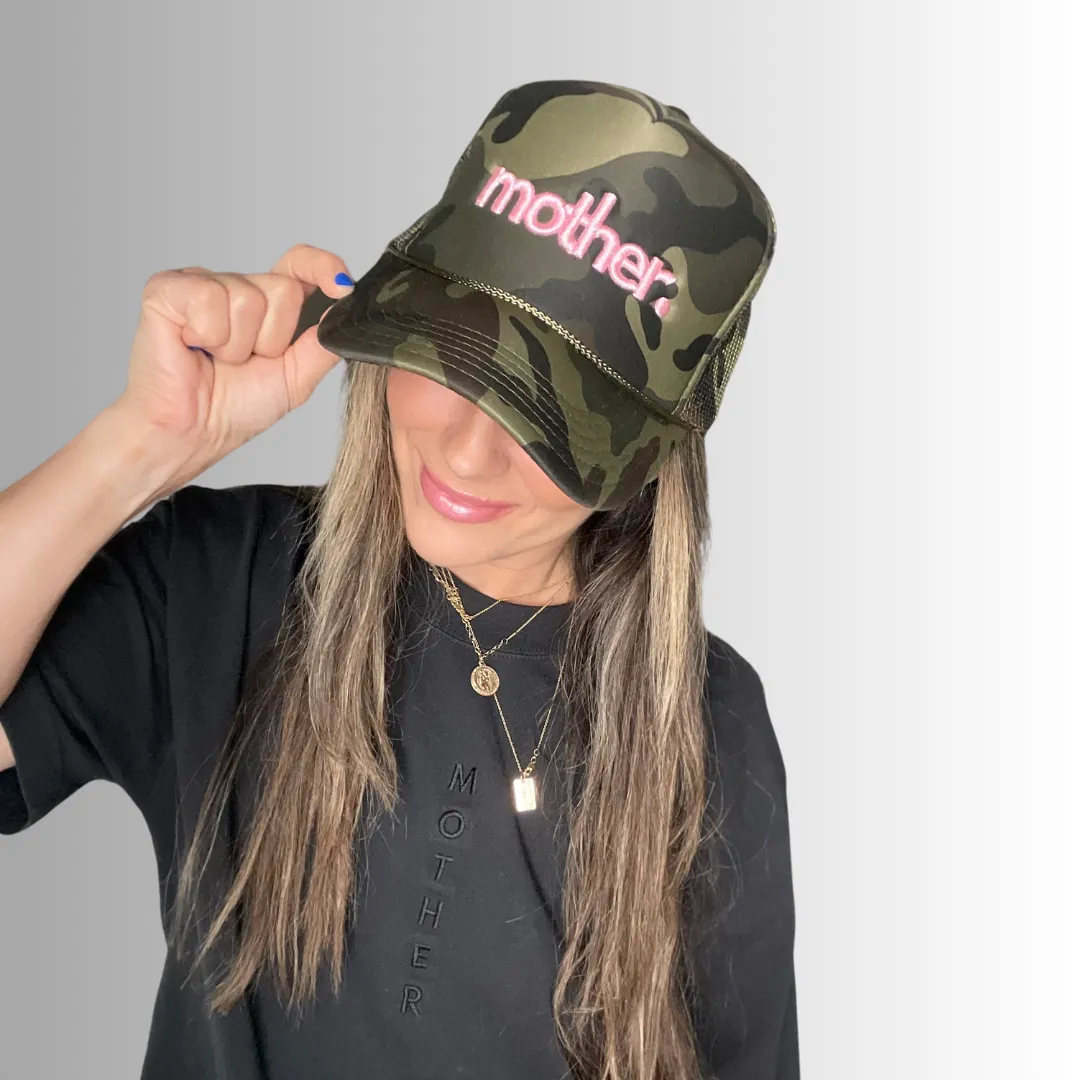 Mother Embroidered Trucker Hat -  Camo   Baby Pink