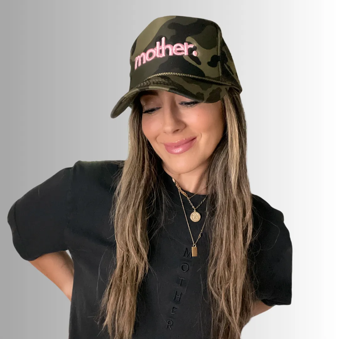 Mother Embroidered Trucker Hat -  Camo   Baby Pink