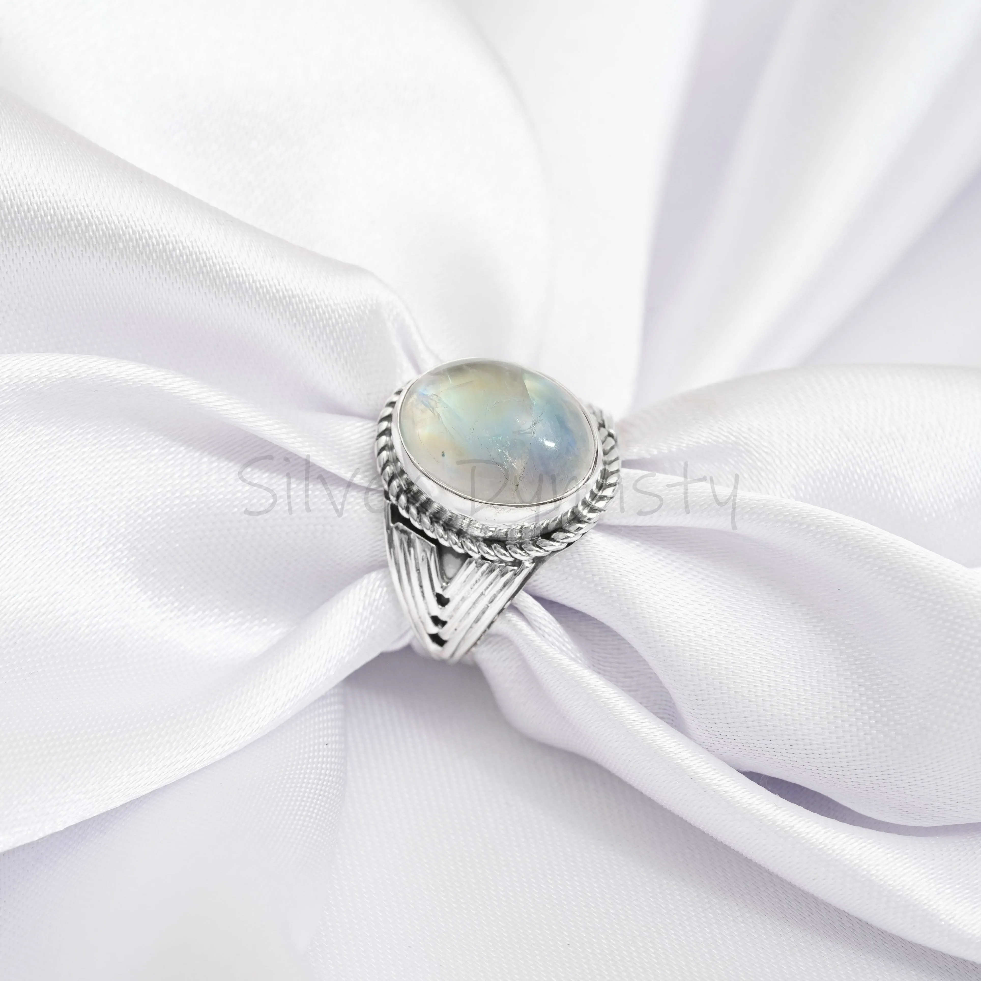 Natural Rainbow Moonstone 925 Solid Sterling Silver Ring