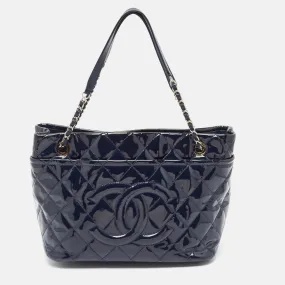 Navy Blue Quilted Patent Leather Timeless CC Shopper Tote