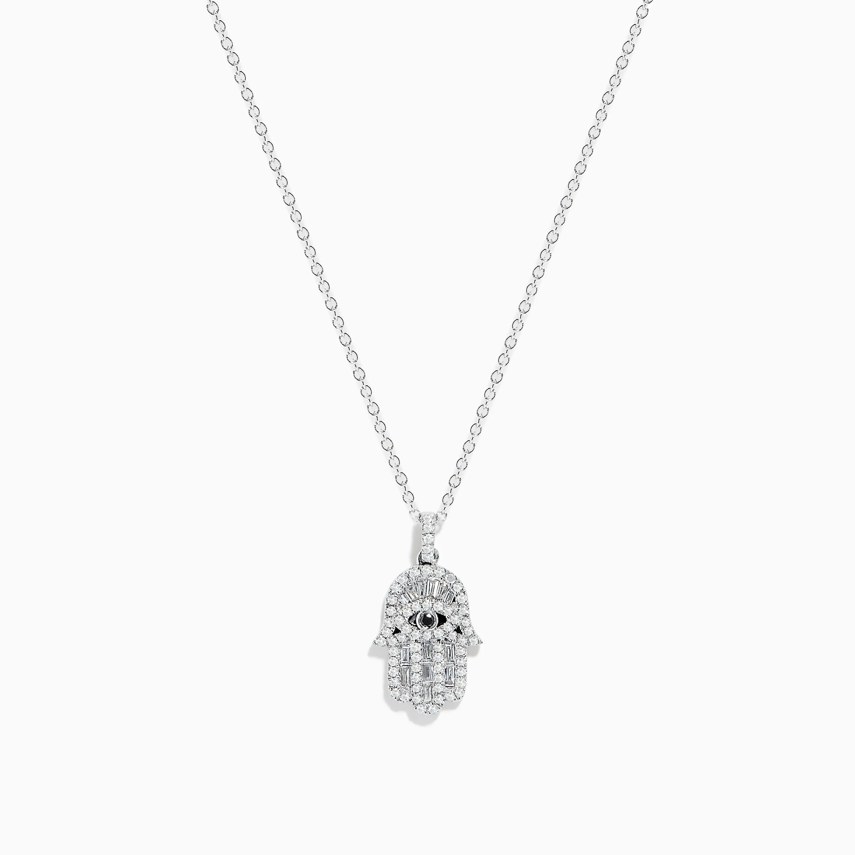 Novelty 14K White Gold Black and White Diamond Hamsa Pendant
