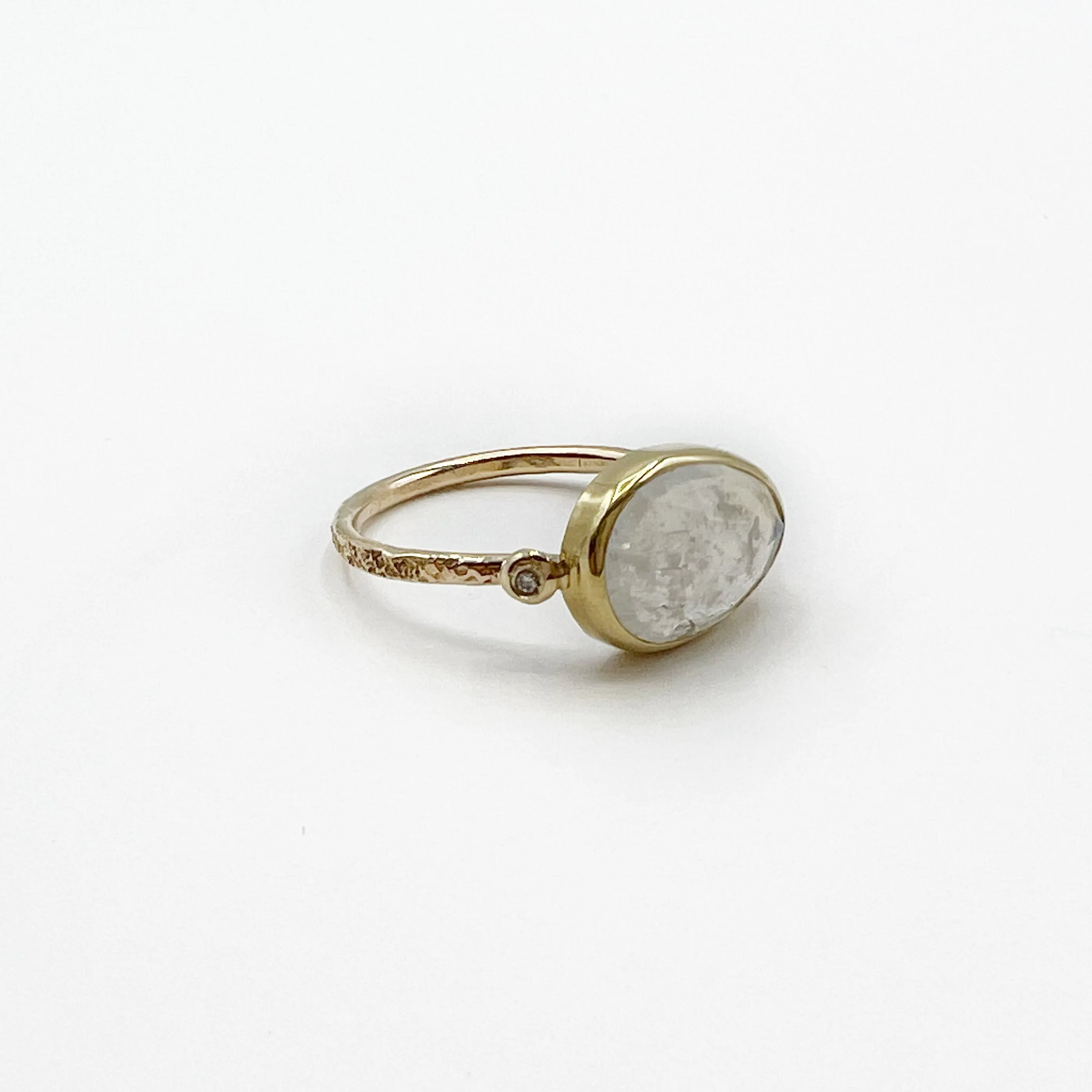 Pear Shaped Rose Cut Moonstone set in 14 Karat Yellow Gold with 18 Karat Yellow Gold Bezel Diamond Ring