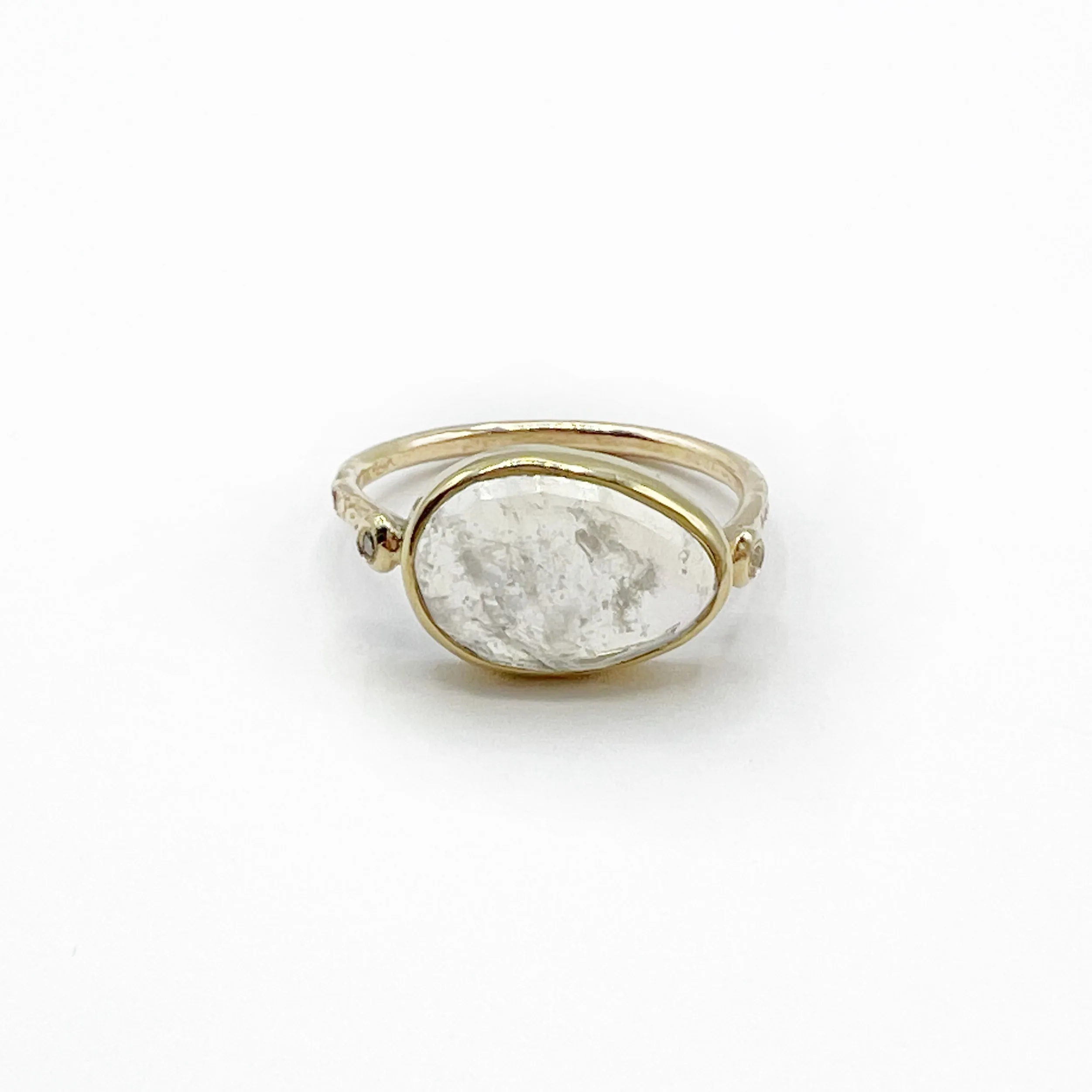 Pear Shaped Rose Cut Moonstone set in 14 Karat Yellow Gold with 18 Karat Yellow Gold Bezel Diamond Ring