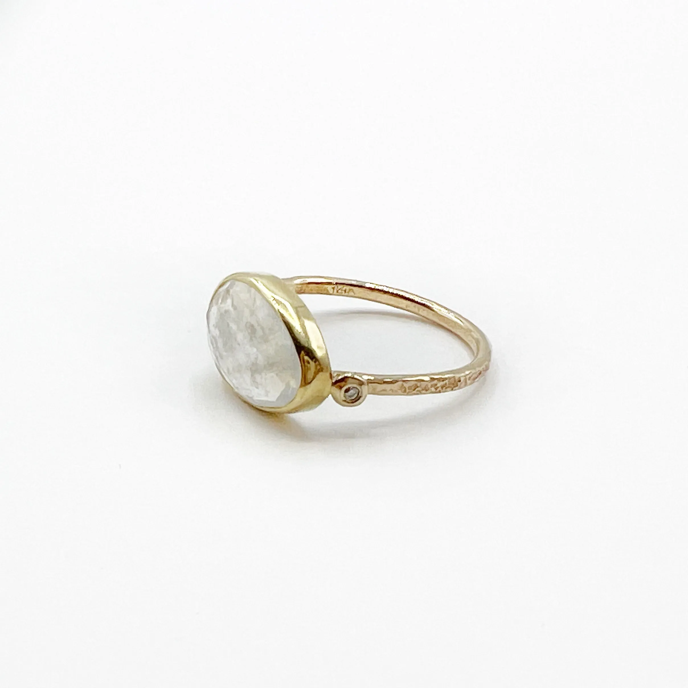 Pear Shaped Rose Cut Moonstone set in 14 Karat Yellow Gold with 18 Karat Yellow Gold Bezel Diamond Ring