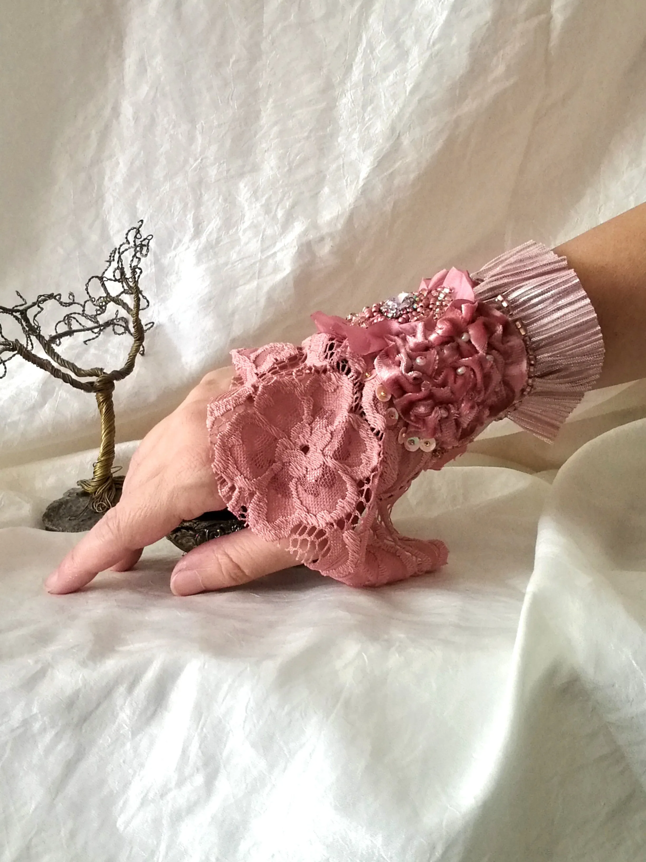 Pink Beaded Bracelet Boho Floral Cuff Bracelet