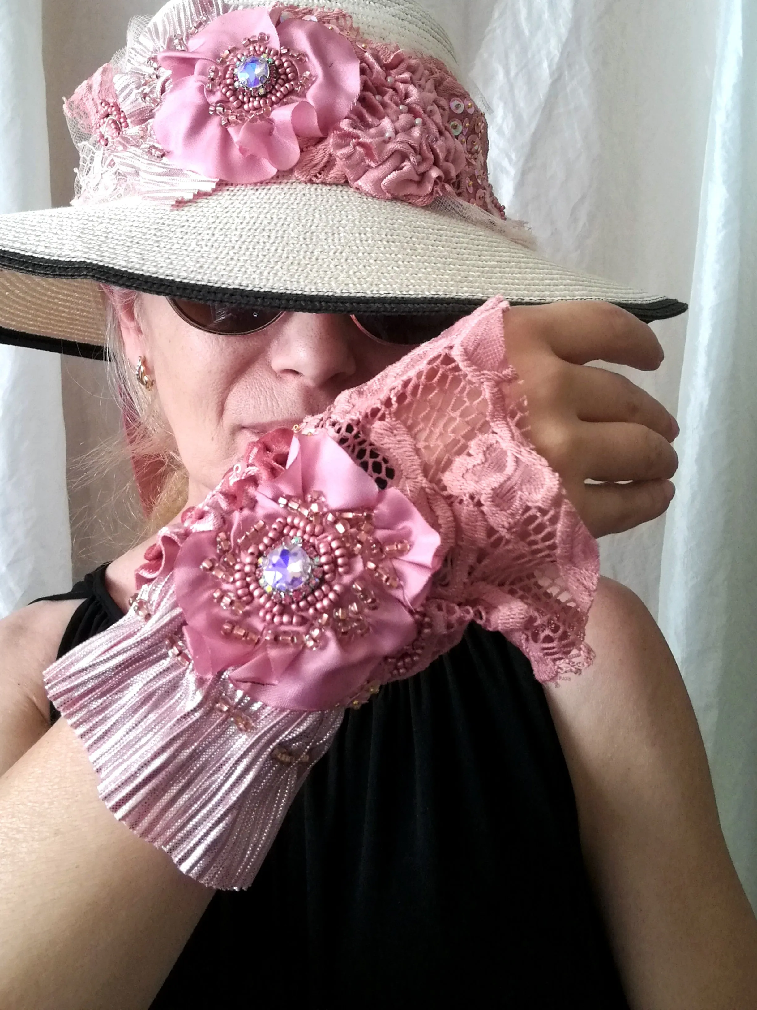 Pink Beaded Bracelet Boho Floral Cuff Bracelet