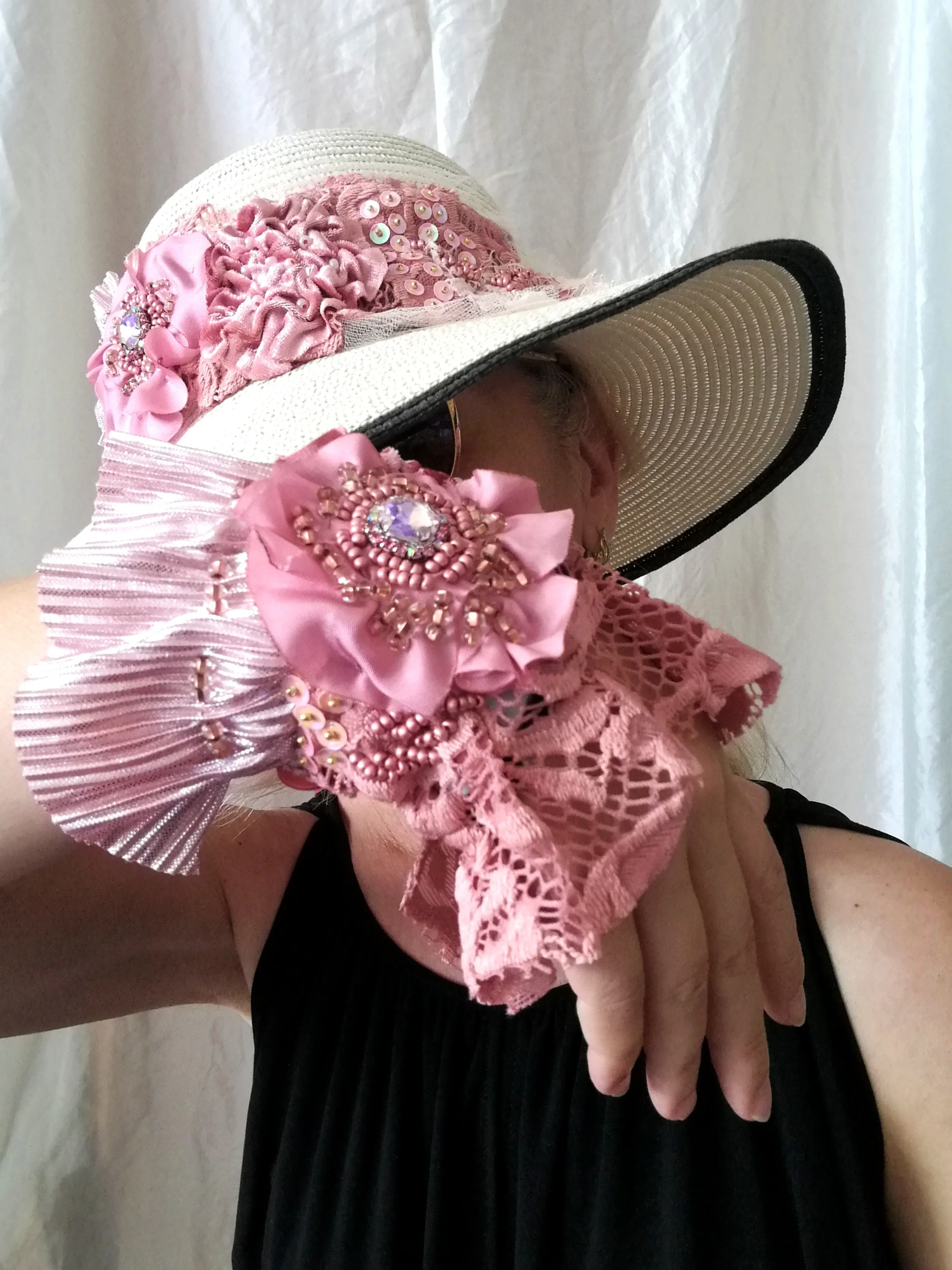Pink Beaded Bracelet Boho Floral Cuff Bracelet