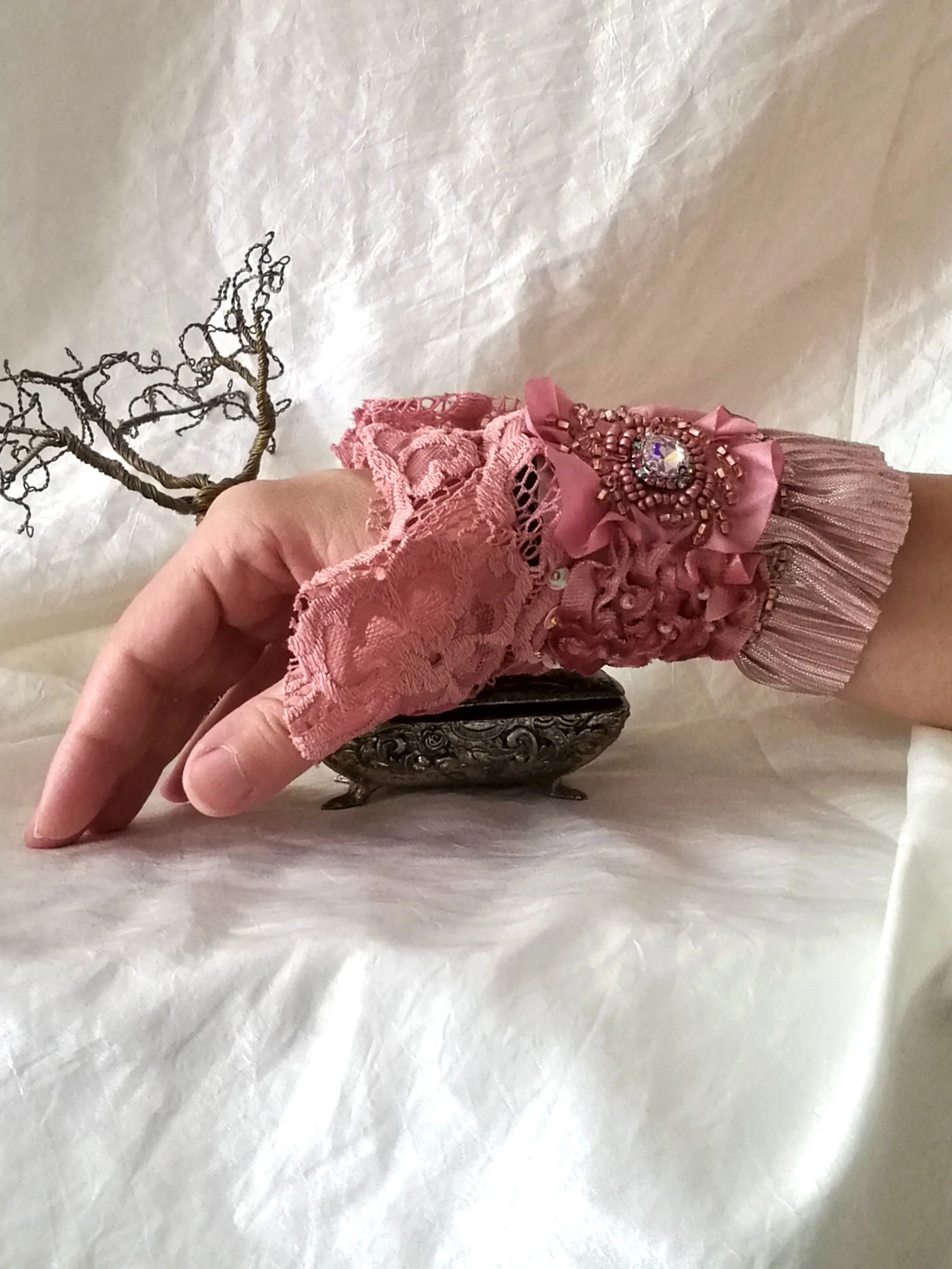 Pink Beaded Bracelet Boho Floral Cuff Bracelet