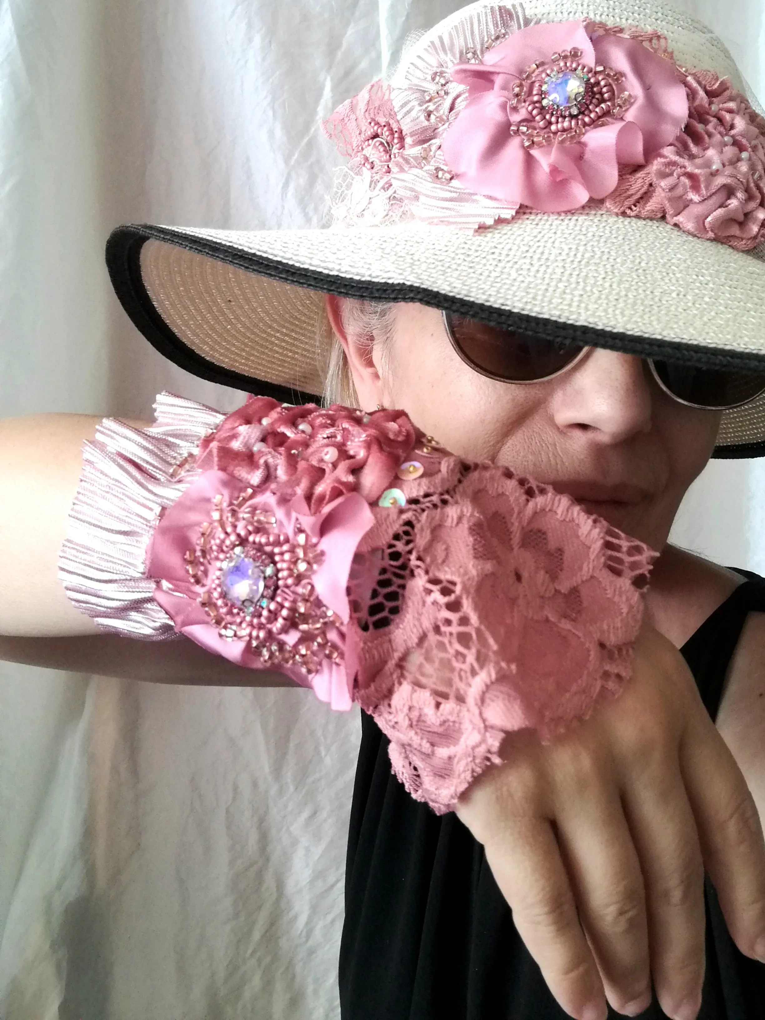Pink Beaded Bracelet Boho Floral Cuff Bracelet