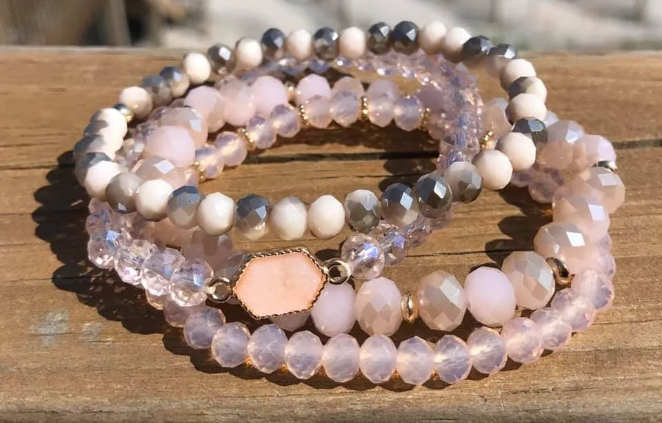 Pink Facet and Druzy Beaded Bracelet Set
