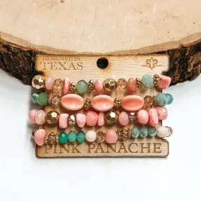 Pink Panache | Light Pink and Green Beaded Bracelet Set with Gold Beaded Spacers
