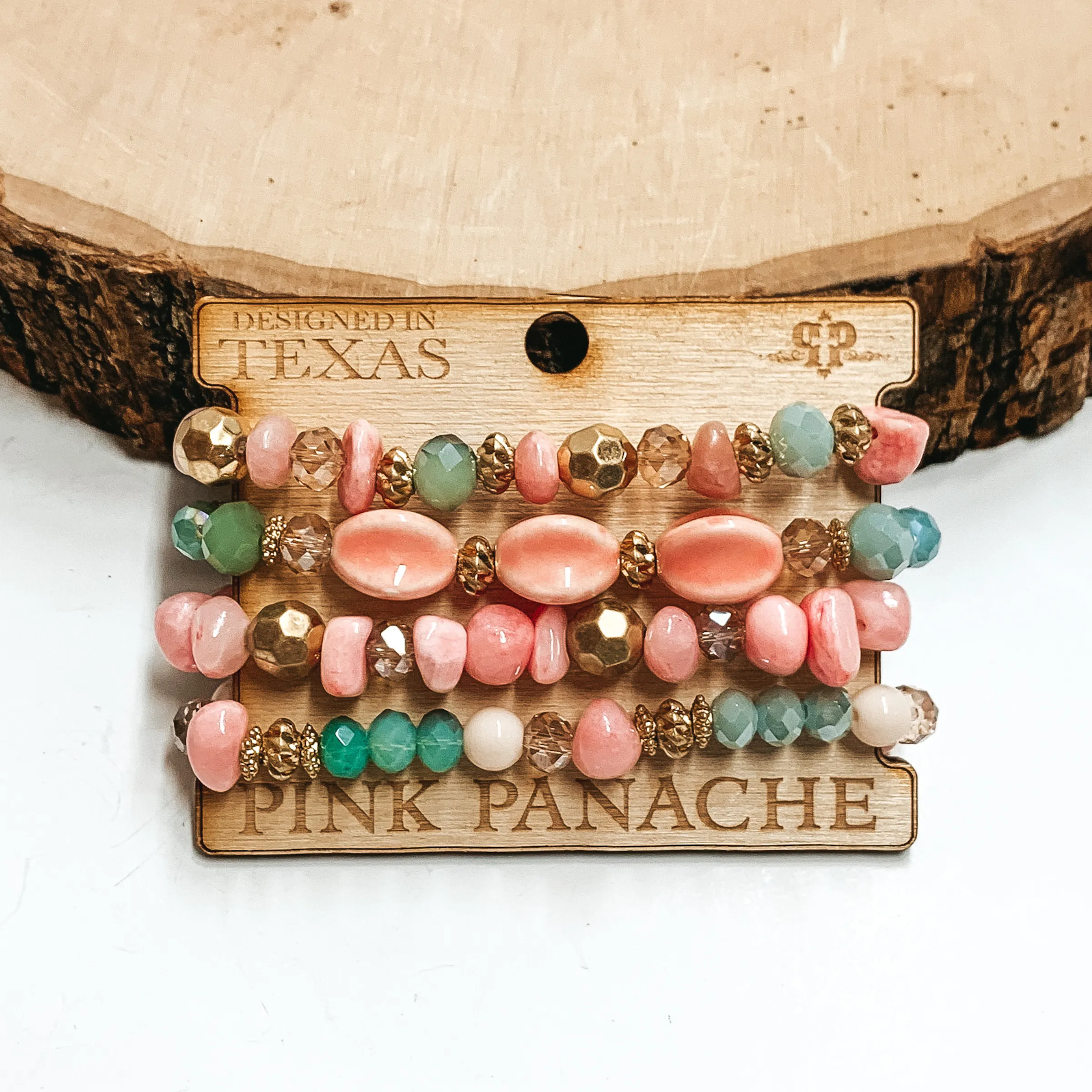 Pink Panache | Light Pink and Green Beaded Bracelet Set with Gold Beaded Spacers