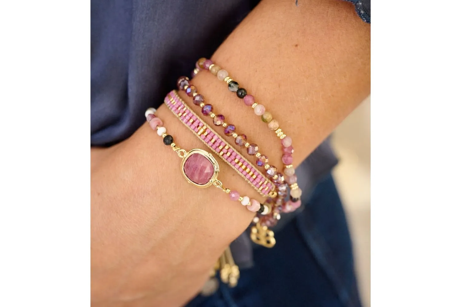 Prunus Gold & Pink Crystal Bead Stretch Bracelet