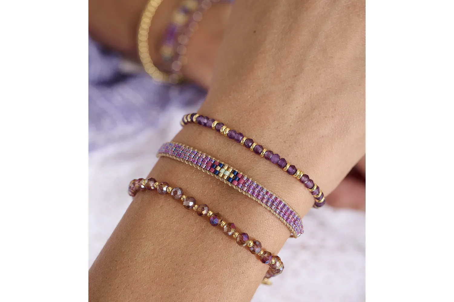 Prunus Gold & Pink Crystal Bead Stretch Bracelet