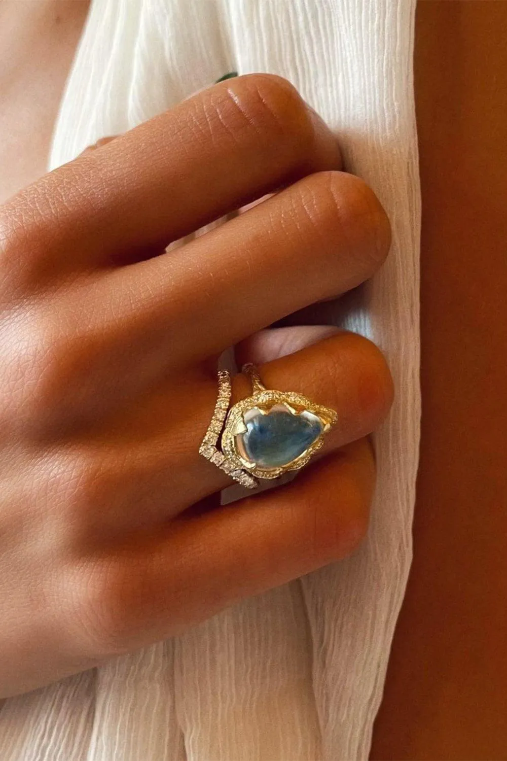 Queen Water Full Pavé Halo Drop Blue Moonstone Ring